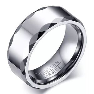 Tungsten Carbide Silver 8mm Band Rugged Ridged Beveled Edges Unisex Lightweight